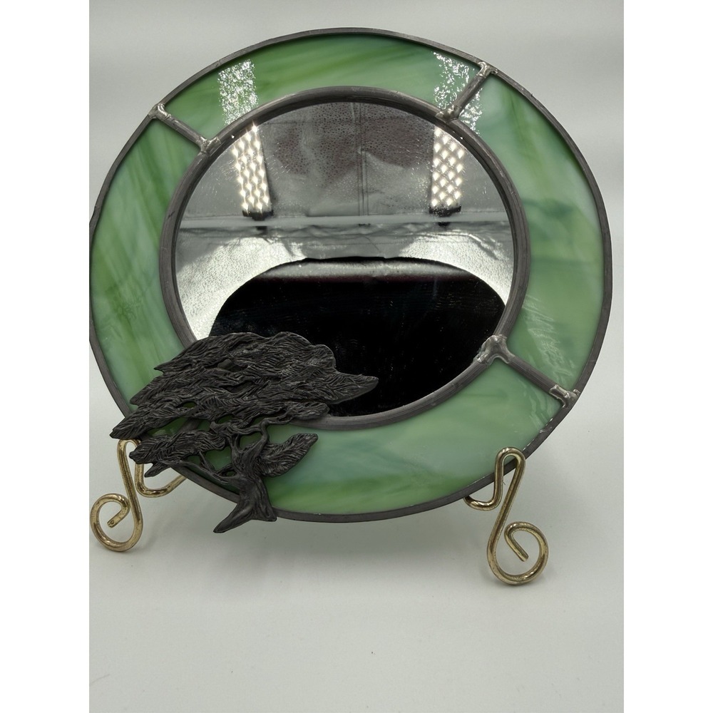 Round 8 in Green/Silver Framed Glass Accent Mirror, Tree‎ Theme,